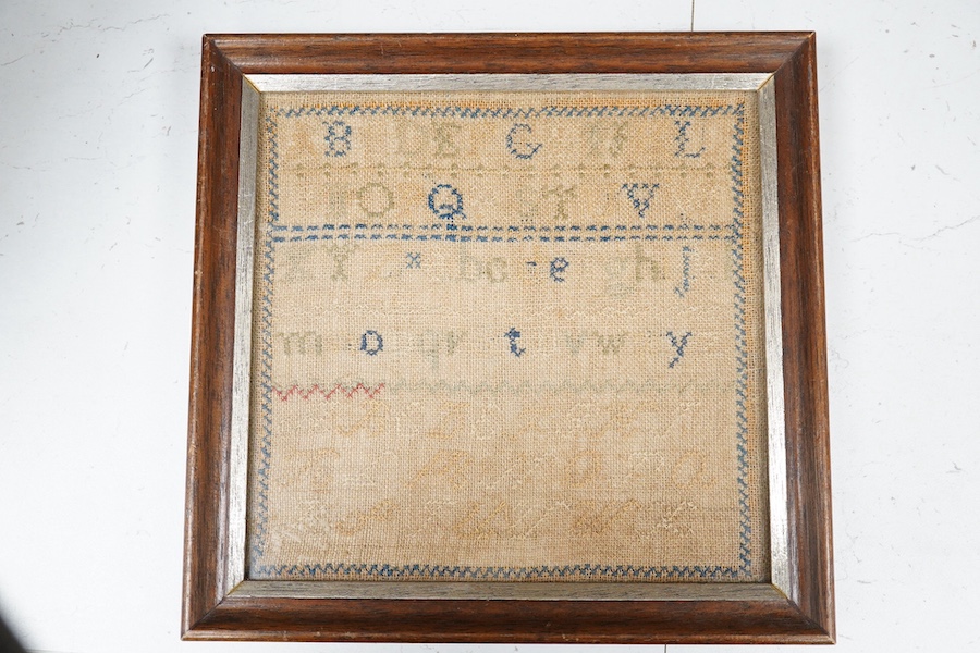 Four Victorian cross stitch samplers. One by Sarah Ann Lawrence dated 1845, another by Eliza Land dated 1856, the other two alphabet samplers, largest 26.5cm high x 27.5cm wide. Condition- two faded by age and sun light,